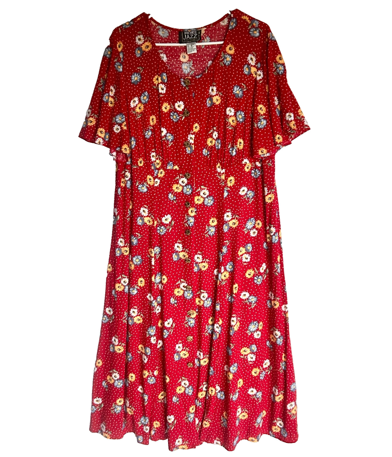 More Jazz Chorus Line Button Front Red Floral Holiday Midi Maxi Dress 16 XL VTG