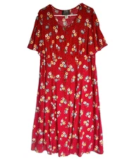 More Jazz Chorus Line Button Front Red Floral Holiday Midi Maxi Dress 16 XL VTG