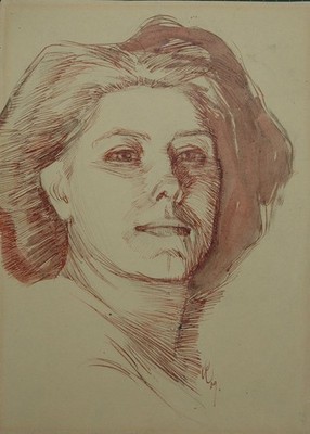 Kopfporträt einer jungen Frau. Tuschzeichnung in Sepia mit Aquarell. Rechts unte