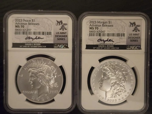 2023 PEACE & MORGAN DOLLAR 2 COIN SET NGC MS70 ADVANCE RELEASES DAVID RYDER SIGN