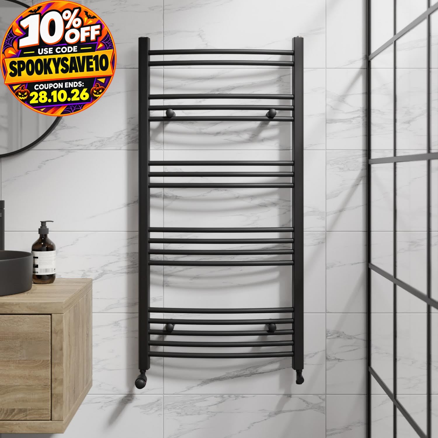 Duratherm Curved Heated Towel Rail Matt Black - 1200 X 600Mm 5056696002977 - Image 2