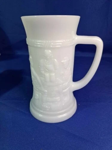 5 Vintage Federal Milk Glass Beer Mug, White Tavern Scene [All 5 for $20]