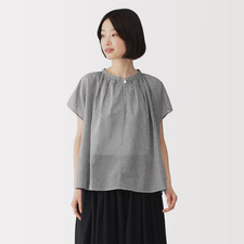 MUJI Womens 100% Organic Cotton Sheer French Sleeve Blouse Black Check FedEx