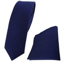 Schmale Tigertie Seidenkrawatte + Einstecktuch In Marine Silber Gepunktet