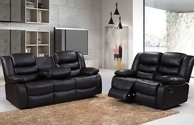 Roma Black Leather Recliner 3+2 sofa set suite couch with cup
