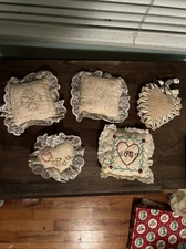Lot Of 5 Vintage Needlework Lace Pillows Small Mini Handmade Antique Decorative 