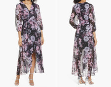 ELIZA J Black Pink Floral Silver Metallic Waist Tie Sash High Low Maxi Dress 8 M