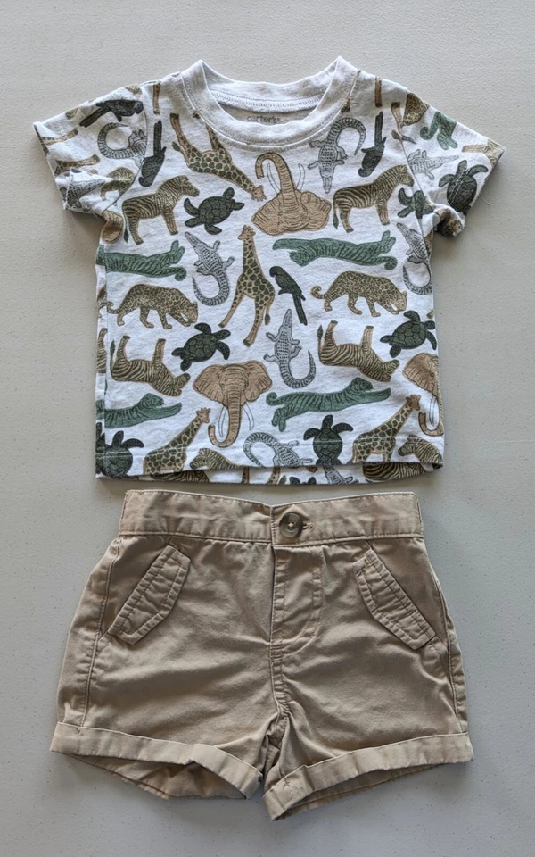 Camiseta 3 Piezas Carter's Jungle Safari, Pantalones Cortos y Pantalones Caqui, Talla: 12 Meses Foto 2 de 4