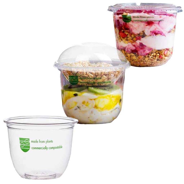 Ollas compostables biodegradables para ensaladas de postre y delicatessen N96c PLA 16 oz - a base de maíz