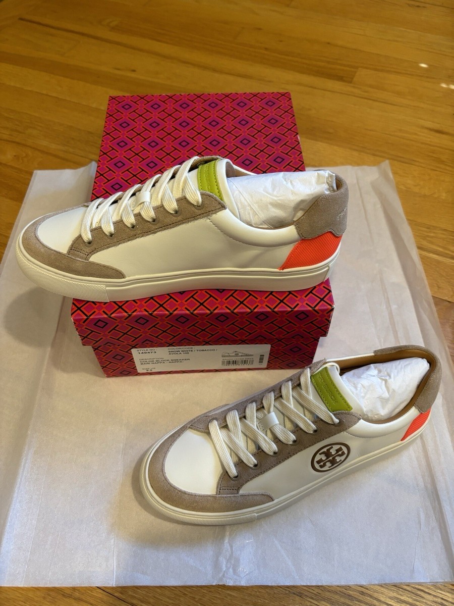 Tory Burch Color Block Sneaker White Tobacco Avola Size 8.5
