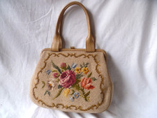 Vintage Retro Beige Floral Tapestry Petit Point Carpet Handbag