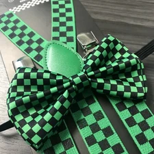 Green Black Checker Suspenders and Bow Tie Matching Set Wedding Prom Adult 
