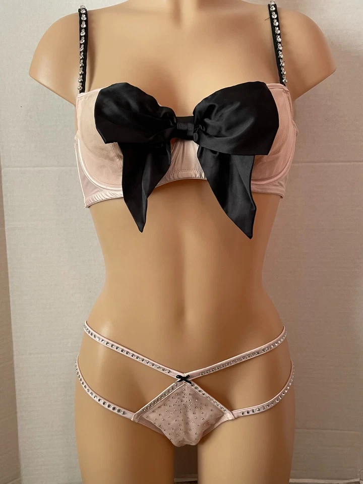 34D M VICTORIA'S SECRET Estrás SATÉN LAZO SUJETADOR Conjunto Panty Push-Up Marfil/Negro Foto 2 de 4