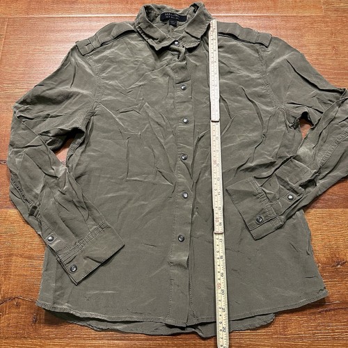 AllSaints Button Up Blouse 4 Olive Silk Blend Shirt Pearl Snap Military City Alt - Picture 8 of 12