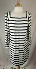LOFT Women's Sz LP  Black White Stripe Square Neck L/S Rayon Knit Dress Stretch 