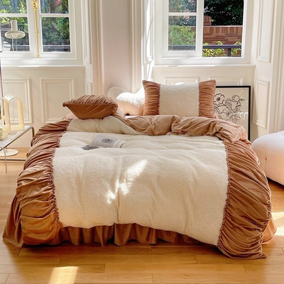 Soft Fleece+Velvet Fleece Princess Bed Skirt Bedding Set Plush Ruffle Bed Linen