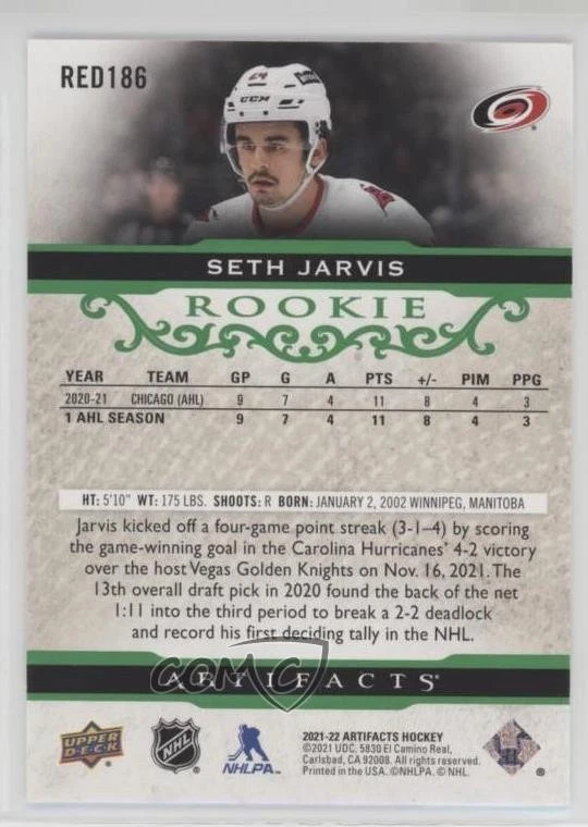 2021-22 Upper Deck Artifacts Extended Rookies Emerald /99 Seth Jarvis Rookie RC - Image 2 of 2
