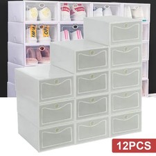 12x White Plastic Shoe Storage Boxes Drawer Stackable Foldable Durable Organiser