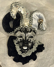 Venetian Black  Silver Sequin Jester Face Mask Masquerade One Size