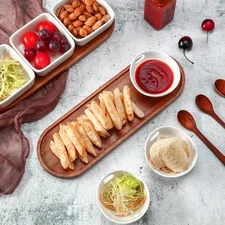 Wood Serving Tray With Handles 2 Sets Ceramic Chip And Dip Acacia Spoons Dishes