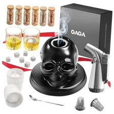 Whiskey Smoker Kit with Torch 21-Piece & 6 Wood Chips - Black (Gift Box Set)