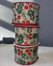 CHRISTMAS HOLLY PRINT 2 1/2in x 20ft Wired Ribbon Celebrate It Set Of 3 New