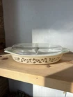 Vintage Pyrex Divided Casserole Dish Golden Gold Leaf Acorn 1-1/2 Qt w/ Lid New