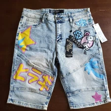 Reason Mens Graphic Denim Bermuda Shorts Zip Size 34 NEW