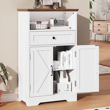 Floor Cabinet Farmhouse Storage Cabinet with Barn Doors and Drawers White 