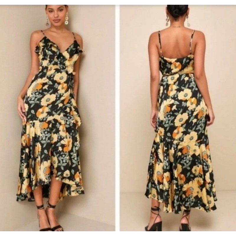Md NWT Lulus Perfectly Curated Black Floral Wrap Dress Ruffle High-Low Maxi Fall