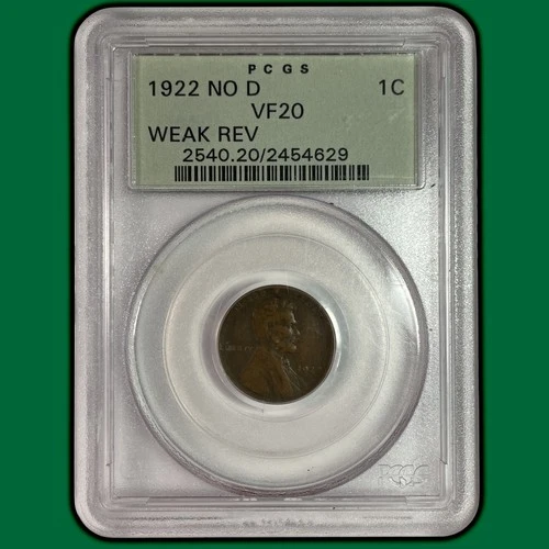 1922-No D Weak Reverse OGH Lincoln Wheat Cent Very Fine PCGS VF20 Coin #37758