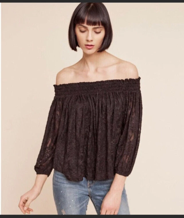 Top Anthropologie Deletta Sommer manga 3/4 fuera del hombro negro encaje ajustado Foto 2 de 4