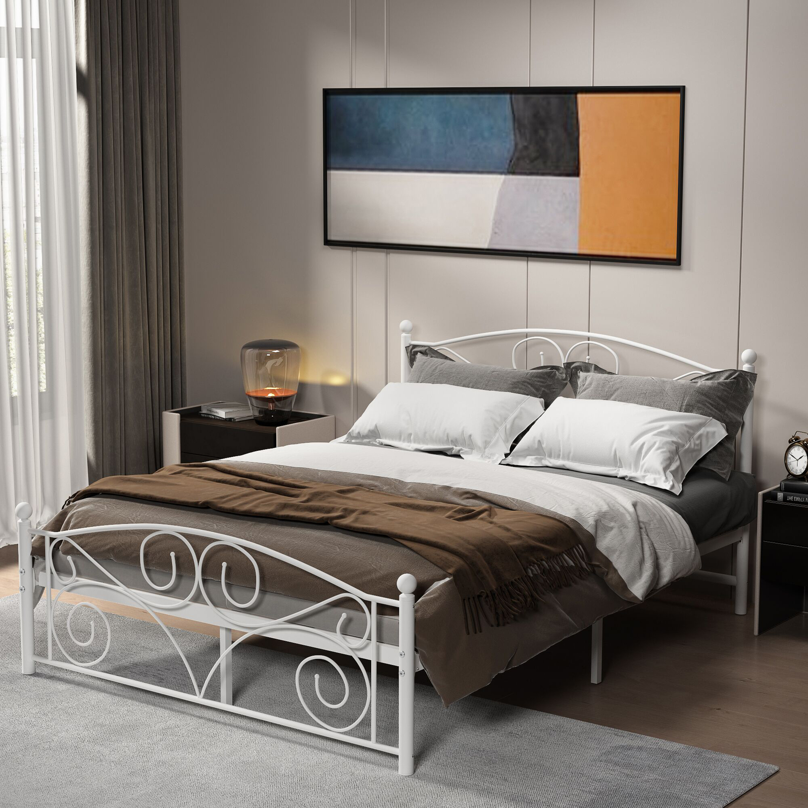 Queen Size Unique Flower Sturdy System Metal Bed Frame with Headboard& Footboard