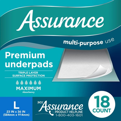 3 Pack 18 ( 54 ct) Assurance Maximum Absorbency Unisex Premium Underpad Size L - Picture 2 of 18