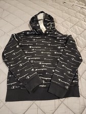 Champion Youth Boys Size Medium Hoodie Sweatshirt Black All Over Logo Print