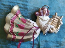 Vtg Blow Mold Angel Stick Christmas Ornament Soft Plastic Japan Harp Hearts HTF