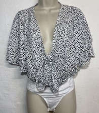 NWT Altard State Small Bodysuit White Black Dots Short Flutter Sleeve Low Cut