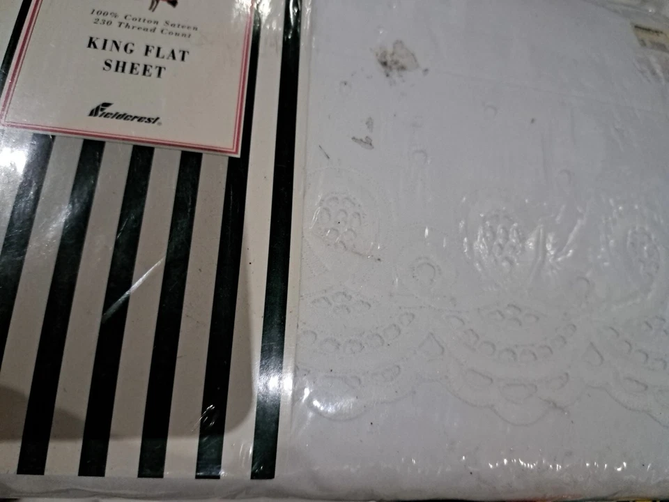 Sábana plana Waverly By Fieldcrest algodón satén 230 quilates blanco RELIQUIA encaje king Foto 2 de 3