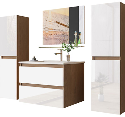 Badmöbel set Hochglanz 6 Tlg eiche / Weis Soft Close Badezimmer Möbel badmöbel