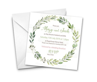Personalisierte grüne Blumen Hochzeitseinladungen 10er Pack mit Umschlägen 150x150mm