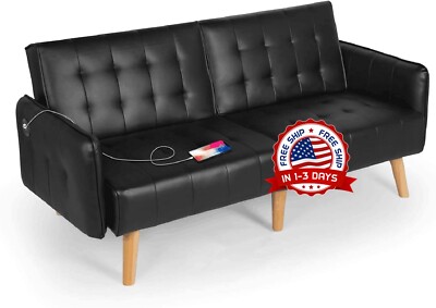 Vintage Tufted Velvet Split Back Futon Sofa Bed Couch Loveseat Sleeper New Black