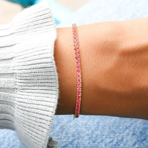 VALENTINO Bracciale Tennis 6 Ct Taglio Tondo Simulato Zaffiro Rosa Placcato Oro Giallo 14K