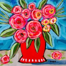 DUBE Original Painting Abstract Collectible Floral Bouquet Red Roses 12" x 12"