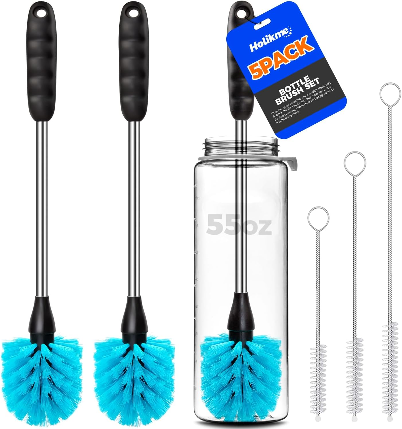 Holikme 5-Piece Long Stainless Steel Bottle Brush Cleaning Set