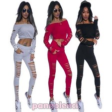 Womens Complete Dance Casual Jumpsuit Knit Ripped Pants Sizes New DL-1979