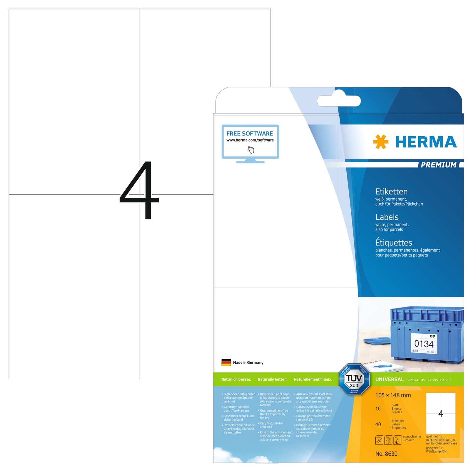 HERMA Self Adhesive Multi-Purpose Labels, 4 Labels Per A4 Sheet, 40 Labels For L