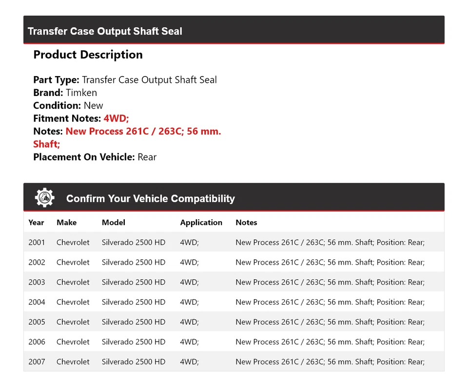 Para Chevrolet Silverado 2500 HD 2001-2007 caja de transferencia eje de salida sello Timken Foto 2 de 3