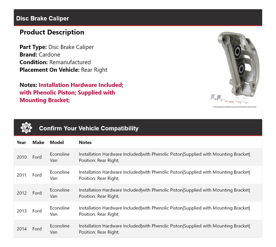 Задний правый суппорт дискового тормоза для фургона Ford Econoline 2010-2014 годов выпуска Cardone 2011 2012 годов выпуска - Изображение 2 из 4