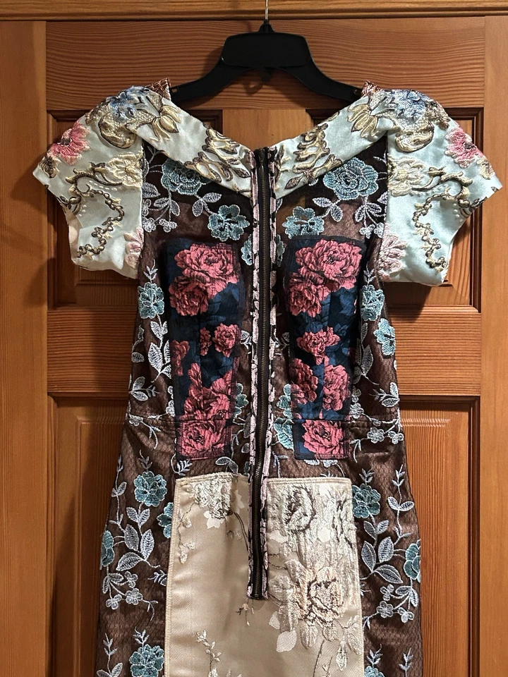 Byron Lars Beguile Brocade Beige Black Short Sleeve Sheath Dress Size 0 No Belt - Image 3 of 4