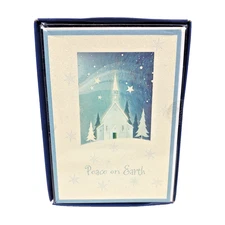 14 Christmas Holiday Greeting Cards & Envelopes Peace On Earth Blue Open Box